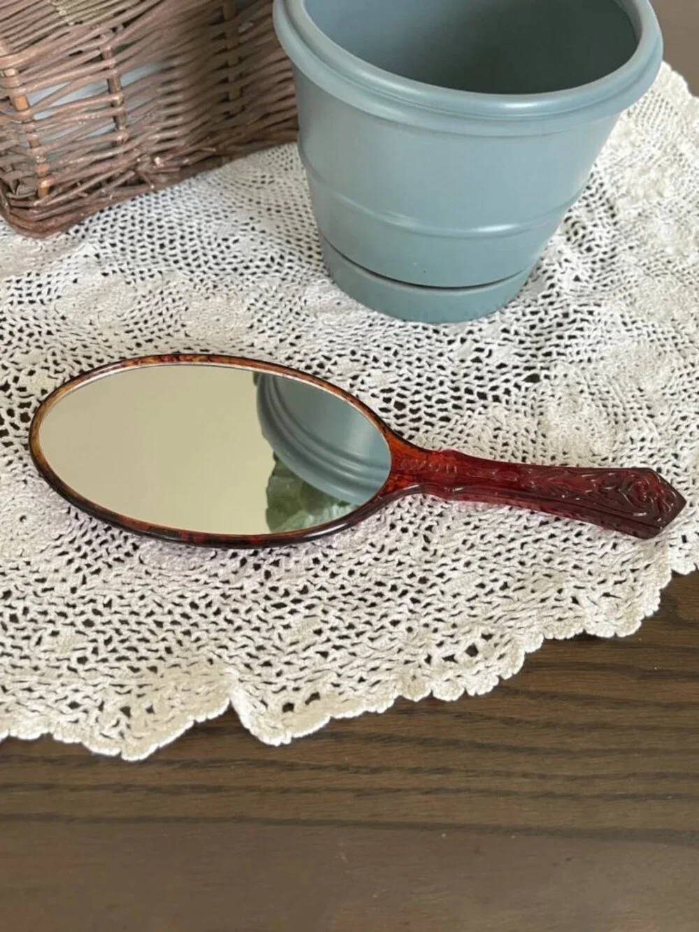 Vintage 70’s Cameo Amber Lucite Hand Mirror Ornate Handle Vanity